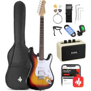 Donner DST-100S 39 Inch Full Size Electric Guitar Kit Solid Body Sunburst, Beginner Starter, with Amplifier, Bag, Capo, Strap, String, Tuner, Cable, Picks