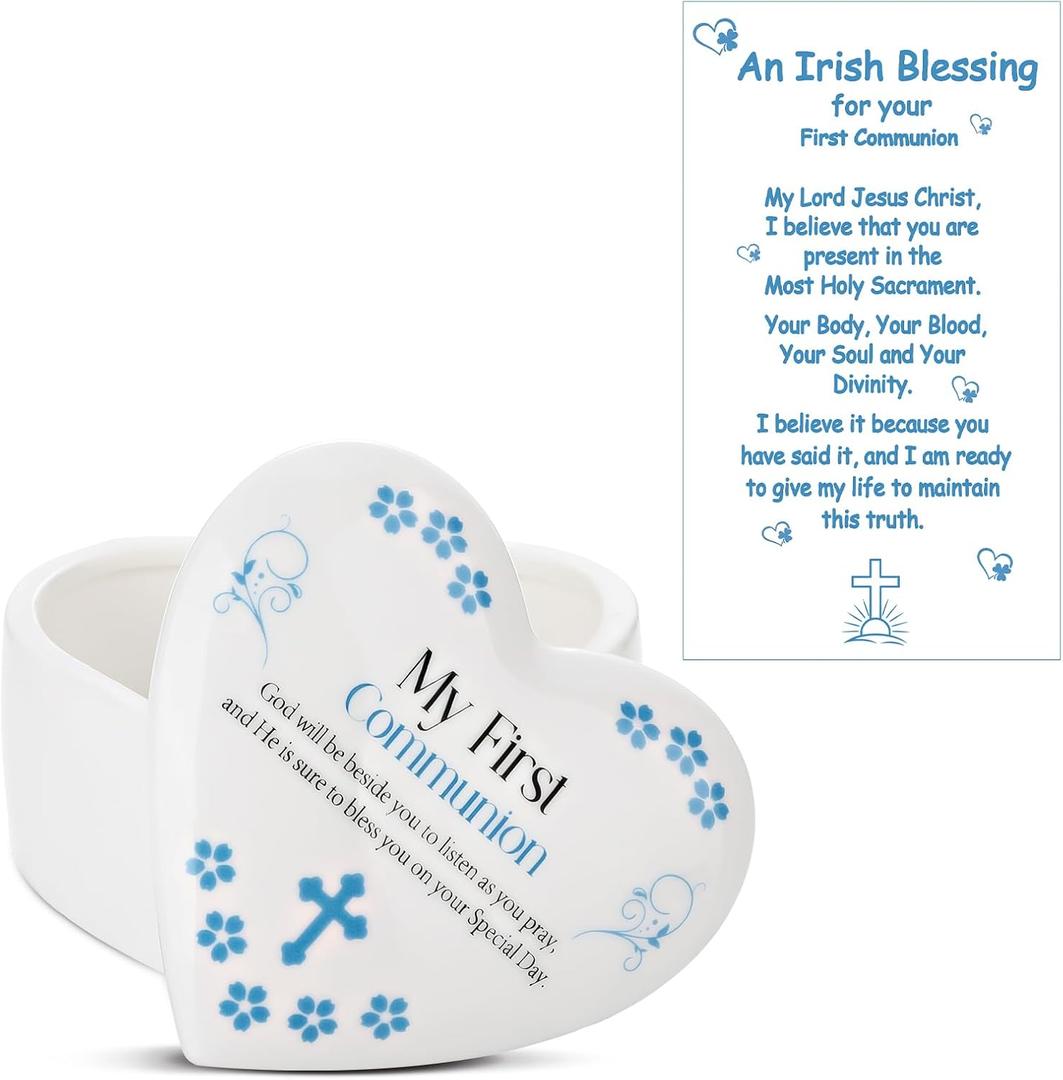 Funtery First Communion Gifts for Girls Ceramic Jewelry Keepsake Box with a Pray Card 1st Holy Communion Gifts for Girls Boys(Heart,Blue)