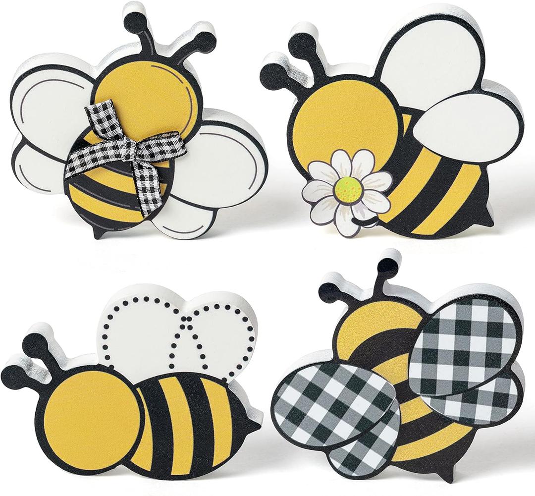 WATINC Bee Tiered Tray Decor - 4PCS Summer Wooden Table Centerpiece Sign, Double-sided Bees Printed Wood Tabletop Signs, Rustic Farmhouse Table Decoration for Holiday Home Honey Party Supplies