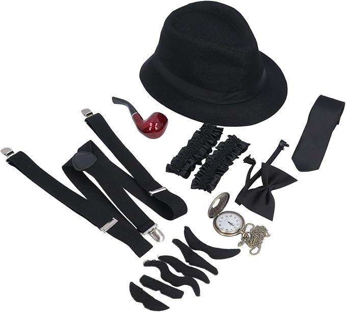 1920s Boys Gangster Costume Set, Hat Suspenders Watch Pipe Bow Tie Glasses, with Adjustable Suspenders, for Dance Parties Retro Dress Up Games (Black)
