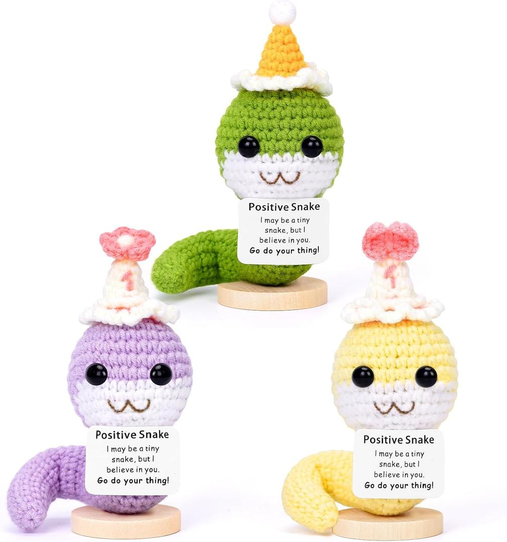 3PCS Positive Crochet Animal Snake Emotional Support Inspirational Handmade Appreciation Birthday Gifts for Women Men Coworker Friend Teacher, Cute Knitted Snake Good Luck Desk Decor