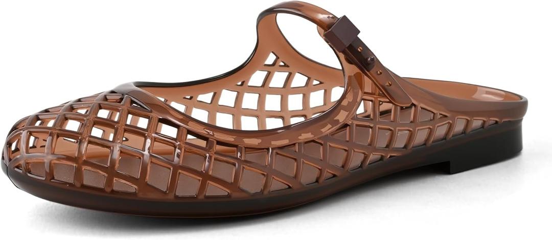 GRACESTRIDE Jelly Flats for Women Mesh Mary Jane Breathable Slides Comfortable Slip on Closed Rounded Toe Flat Sandals Summer Beach Slippers Size 36