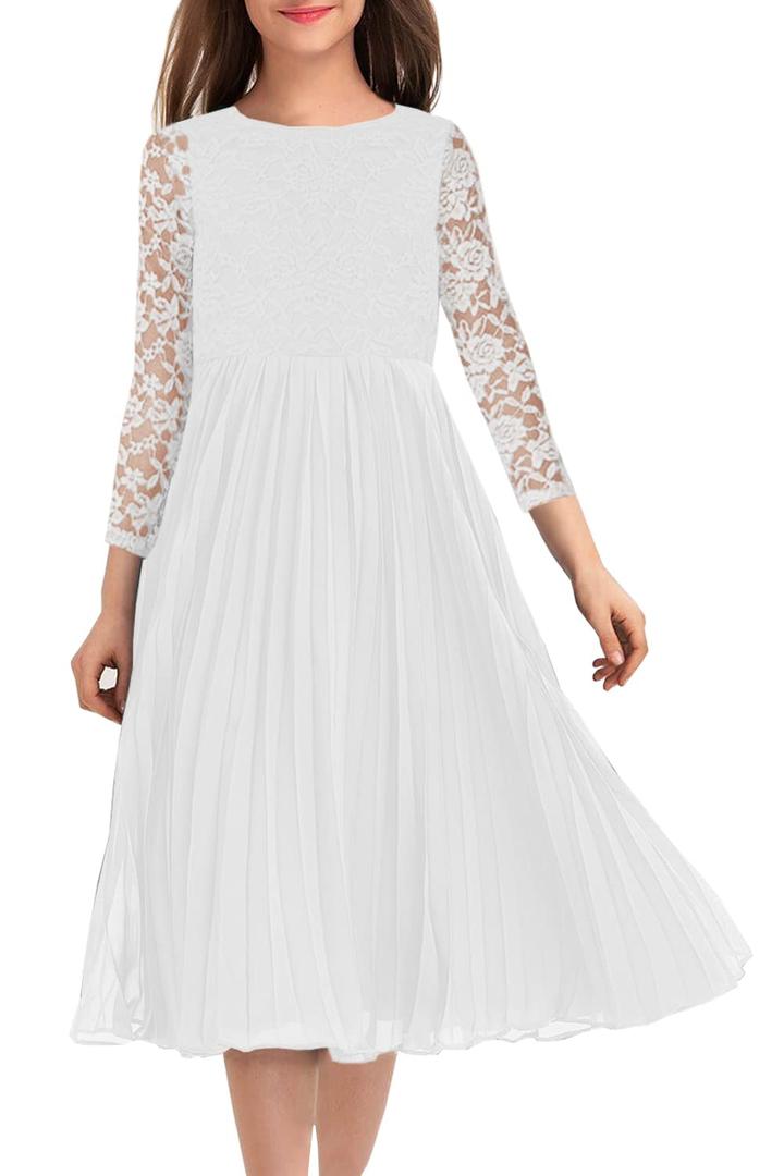 HOSIKA Girls Flower Lace A-line Wedding Party Junior Bridesmaid Dresses (White)