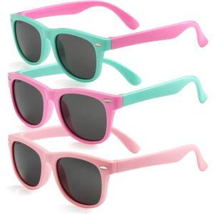 Kursan Kids Polarized Sunglasses for Boys Girls TPEE Rubber Flexible Frame Shades Age 3-12 (01 Mint Green/Pink + Pink/Mint Green + All Pink (3 Pack))