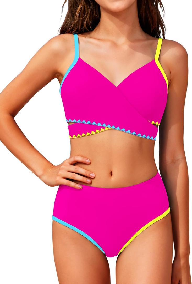 Girls Swimsuit Color Block Criss Cross V-Neck Contrast Trim Geometric Pattern Two Piece Girls Bikini Set (Pink, XS)