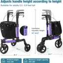 3 Wheel Walkers for Seniors, Foldable Rollator Walker with Tray & Large Storage Bag, 10" Big Wheel for All Terrain, 350 lb Weight Capacity, Purple