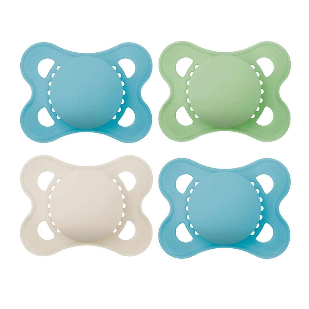 MAM Original Matte Baby Pacifiers 0-6 Months, Binky for Newborn Babies, BPA-Free Skin Soft Silicone Nipple, Easy to Clean, Developed with Medical Experts, 4 Count, Made in Europe (Powder Blue/ Linen/Dune)