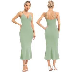 JLCNCUE Women's Spaghetti Straps V Neck Bodycon Mermaid Dress Elegant Ruffles Midi Dress Cocktail Evening Party Dress 325, L, Mint Green JLCNCUE Women's Spaghetti Straps V Neck Bodycon Mermaid Dress Elegant Ruffles Midi Dress Cocktail Evening Party Dress 325, L, Mint Green