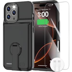 GIN FOXI Battery Case for iPhone 16 Pro, Charging Case with Stand 8500mAh Rechargeable Ultra-Slim Anti-Fall Protection Extended Battery Pack Charger Cover for iPhone 16 Pro Battery Case 6.3" Black