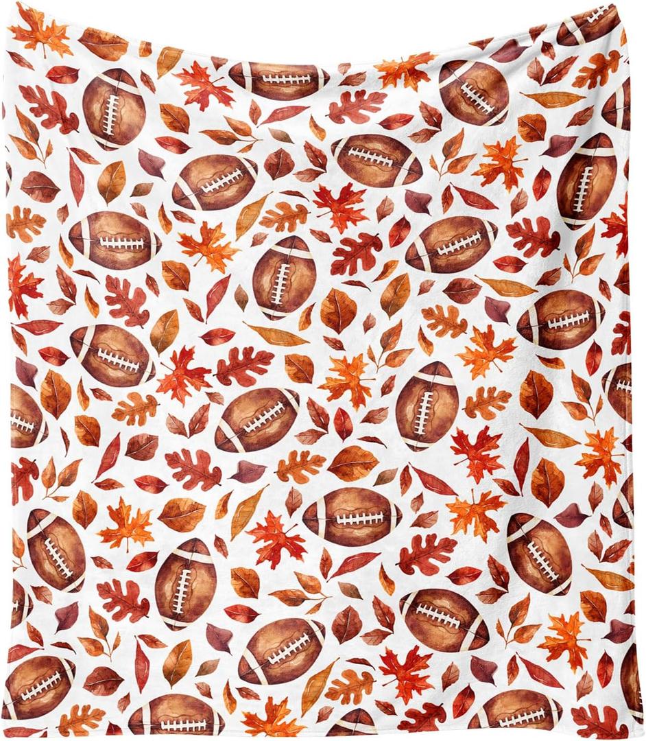 Fall Thanksgiving Blankets,Football with Maple Leaves Farmhouse Blanket Throw,Thanksgiving Fall Flannel Fleece Throw Blanket for Home Living Room Couch Bed Chair or Dorm Decor 60"x50"