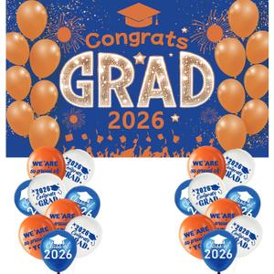 Blue Orange Graduation Decorations Class of 2026 Banner with 18 Pcs Balloons Set - Large Congrats Grad 2026 Graduation Backdrop Decor, Blue Graduate Balloons Grad Party Decorations