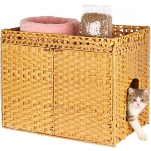 SZEE Cat Litter Box Enclosure Furniture, Hidden Litter Box with Mat, Handwoven Rattan Cat Houses for Indoor/Outdoor Cats, Large Litter Box Enclosure with 12 Edge for Living Room/Bedroom/Washroom