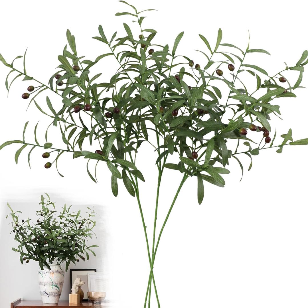 Leftover 3PCS 38 Inch Faux Olive Branches for Vase,Artificial Olive Tree Branches,Eucalyptus Stems,Fake Plant,Faux Greenery Stems for Centerpieces,Home Decor&Wedding Decor