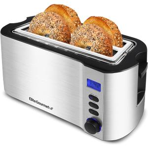 Elite Gourmet ECT4400B# Long Slot 4 Slice Toaster, Countdown Timer, 6 Toast Setting, Defrost, Cancel Function, Built-in Warming Rack, Extra Wide Slots for Bagel Waffle, Stainless Steel
