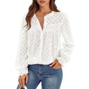 PRETTYGARDEN Women's Lace Long Sleeve Button Down Blouse (White, M)