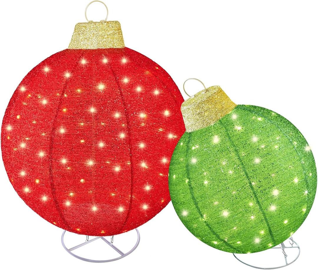 HOYECHI 2pc Lighted Pop-Up Outdoor Christmas Ornament Set Holiday Ball Decorations with 200 LED Lights, 8 Lighting Modes, for Yard & Outdoor Christmas Decor - Red/Green