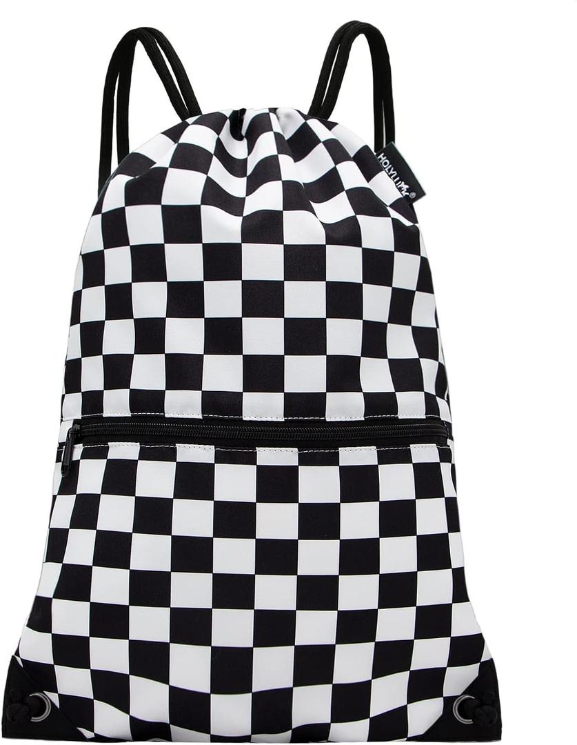 HOLYLUCK Drawstring Backpack Bag Sport Gym Sackpack (Black and White Grid)