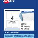 Avery Durable Waterproof Rectangle Labels, Sure Feed Technology, 4" x 3", 40 Total, Oil and Tear-Resistant Waterproof Labels, Print-to-The-Edge, Laser/Pigment-Based Inkjet Printable