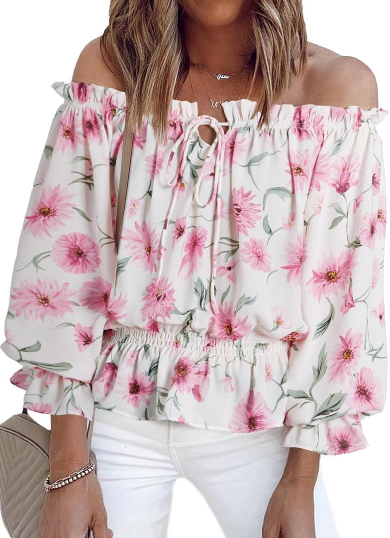 BLENCOT Summer Sexy Off Shoulder Tops for Women Boho Ruffle Sleeve Floral Chiffon Shirts Blouses (Pink, L)
