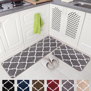 Carvapet 2 Pieces 17"x48"+17"x24" Gray Kitchen Rugs and Mats Set Absorbent Soft Microfiber Bath Rug Moroccan Trellis Non-Slip Kitchen Mat Doormat Runner Set (Grey)