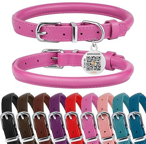 BRONZEDOG Rolled Leather Dog Collar for Small Medium Large Dogs with QR ID Tag (S: 12-14 Inch, Hot Pink) BRONZEDOG Rolled Leather Dog Collar for Small Medium Large Dogs with QR ID Tag (S: 12-14 Inch, Hot Pink)