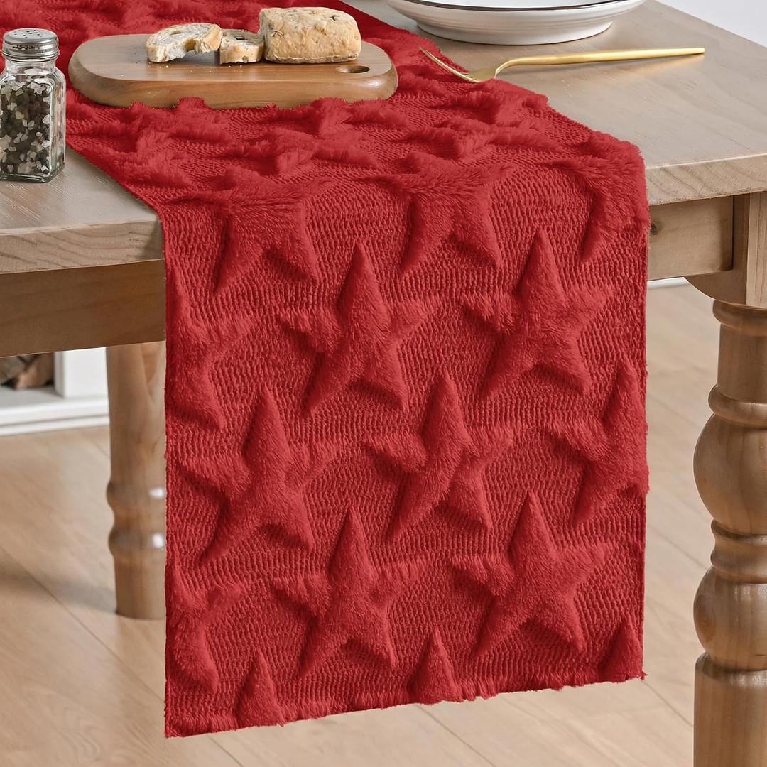 Artoid Mode Red Soft Plush Faux Fur Jacquard Big Stars 4th of July Table Runner, Memorial Day Holiday Kitchen Dining Table Decoration for Home Party Decor 13x108 Inch