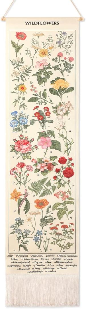 Geetery Vintage Floral Vertical Tapestry Wall Hanging Decor Long Flower Narrow Botanical Fabric Wall Art Hanging Reference Illustrative Tassel Tapestry for Bedroom Living Room Home Decor Gift(White)