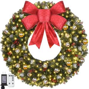 Christmas Wreath - 48inch Large Prelit Outdoor Christmas Wreath with Lights 200led, Bow, Pine Cones, Ornaments Balls - 512 PVC Branch Tips Artificial Xmas Wreath for Garages Walls Mantel