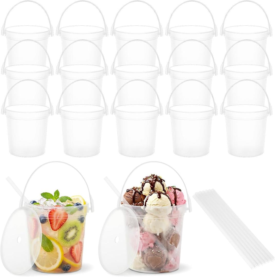 15 Pack Plastic Buckets for Drinks, Plastic Drink Buckets, 32oz Reusable Cocktail Bucket with Lid & Straw, 1 Liter Clear Ice Cream Pails for Halloween, Football Parties & Bars