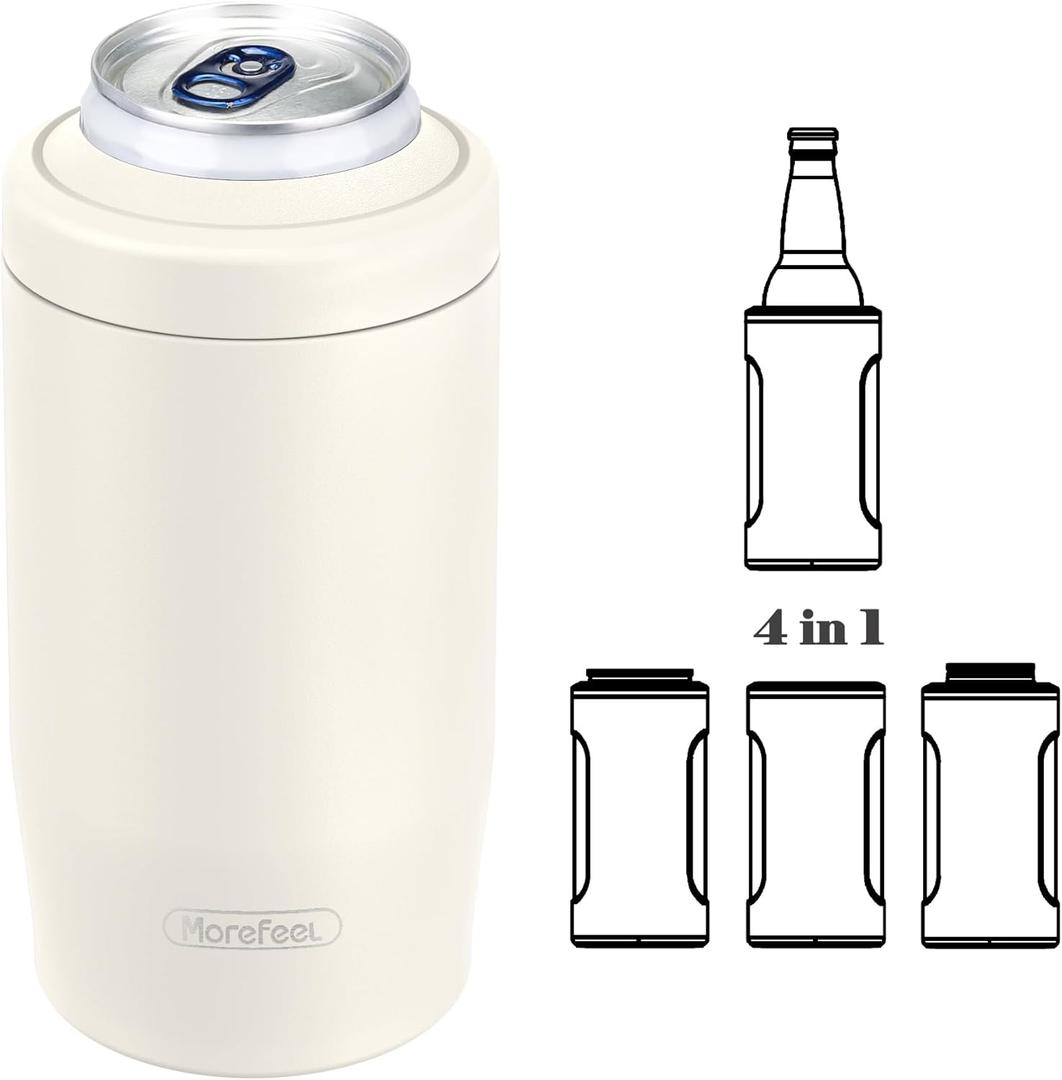 4-in-1 Skinny Can Cooler Double Wall Stainless Steel Insulated Can Holder, Can Coozie, Works With 12 Oz Slim Can, Standard Cans, Beer Bottles & As Pint Cups (Light Beige)