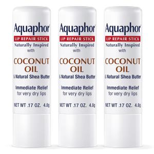 Aquaphor Naturally Inspired Lip Repair Stick with Coconut Oil and Natural Shea Butter, Hydrating Lip Balm Immediately Relieves Dryness and Soothes Chapped Lips, 0.17 Oz Stick, Pack of 3