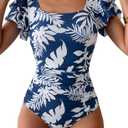 Eomenie Women's Tummy Control One Piece Swimsuit Ruffle Square Neck Bathing Suit Ruched Cutout Back Slimming Swimwear, Size: M