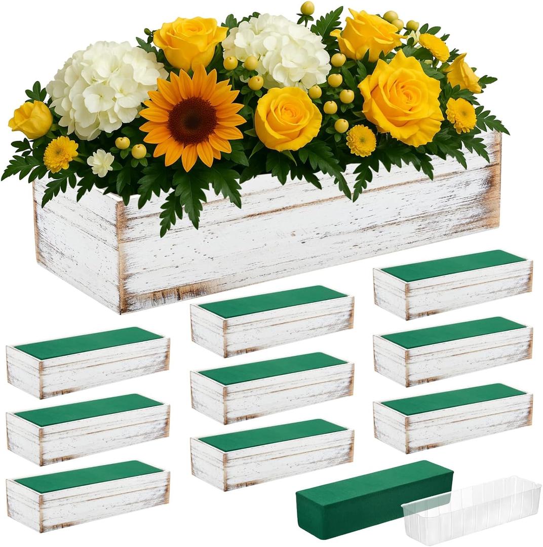 Dandat 10 Set Wood Boxes for Centerpieces 12x4 Inch Rectangle Wooden Planter Box Rustic Wooden Planters with Removable Plastic Liner Floral Foam Blocks for Christmas Wedding Home Garden Decor(White)