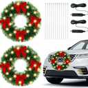 Riceshoot 2 Pack 12V LED Christmas Car Wreath with Red Bow 13 Inch Artificial Lighted up Wreath for Car Front Grill Plug in Lighting for Xmas Hanging Decoration (Yellow Light Classic)