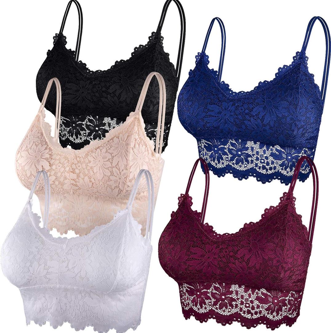 Duufin 5 Pcs Lace Bralettes for Women Bralette Padded Lace Bandeau Bra (Large-X-Large, Redblue Black, Beige, White)