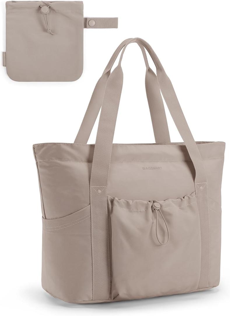 BAGSMART Tote Bag for Women, Tote Shoulder Bag with Laptop Compartment and Zipper Handbag for Travel, Work (One Size, Foldable-grayish Brown)