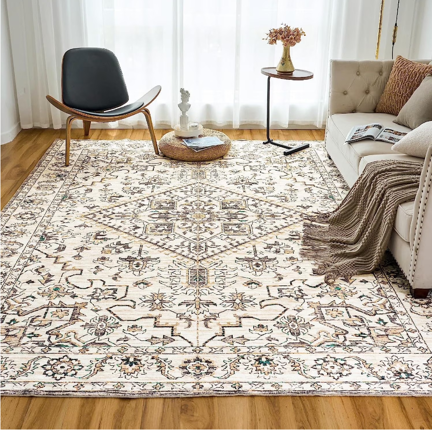 VKLIVING Machine Washable Vintage Design Area Rug 5'x7', Non Slip, Stain Resistant, Home Decor, Boho, (Beige)