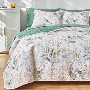 Joyreap 2 Pieces Microfiber Quilt Set, Botanical Green Leaves on White Reversible Design, Bedspread Bed Cover for All Season, 1 Quilt and 1 Pillow Sham (Twin, 68x86 inches)
