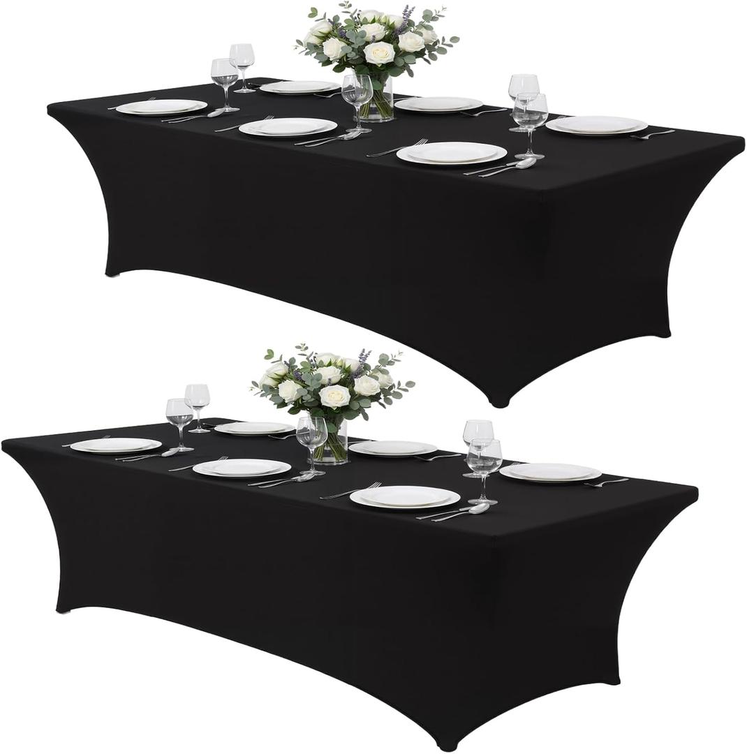 Black Tablecloths 96x30 Inch Table Cloths for 8 Foot Rectangle Tables, Wrinkle Resistant Washable Rectangular Spandex Fabric Table Cover for Vendor Dining Wedding Banquet Camping Party - 2 Pack