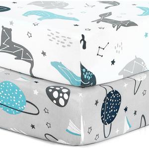 Pack n Play Stretchy Fitted Playard Sheet Set BROLEX 2 Pack Portable Mini Crib Sheets,Convertible Playard Mattress Cover,Ultra Soft Material, Space Planet