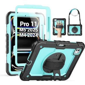 SEYMAC for iPad Pro 11 Inch Case M5 2025 / M4 2024, Heavy Duty Shockproof Protective Case with Screen Protector, 360 Rotating Stand, Hand/Shoulder Strap and Pen Holder, Light Blue