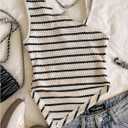Verdusa Girl's Striped Off Shoulder High Low Knitted Tank Tops Textured Asymmetrical Sleeveless Tops (White)
