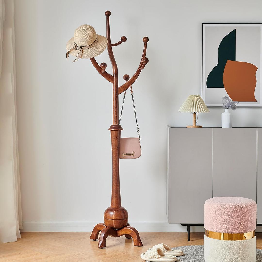 Creative Design Branch-look Hat Tree, Freestanding Wood Entryway Coat Rack (20.9"D*18.9"W*72.3"H, Walnut)