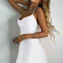BEAGIMEG Women's Satin Square Neckline Mini Dress Backless Lace-Up Sleeveless Cocktail Party Dress (White, L)