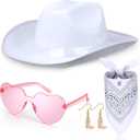 Syhood 4 Pcs Cowgirl Hats Party for Girl Women Cowgirl Hat with Heart Glasses Bandana Cowboy Costume (White)