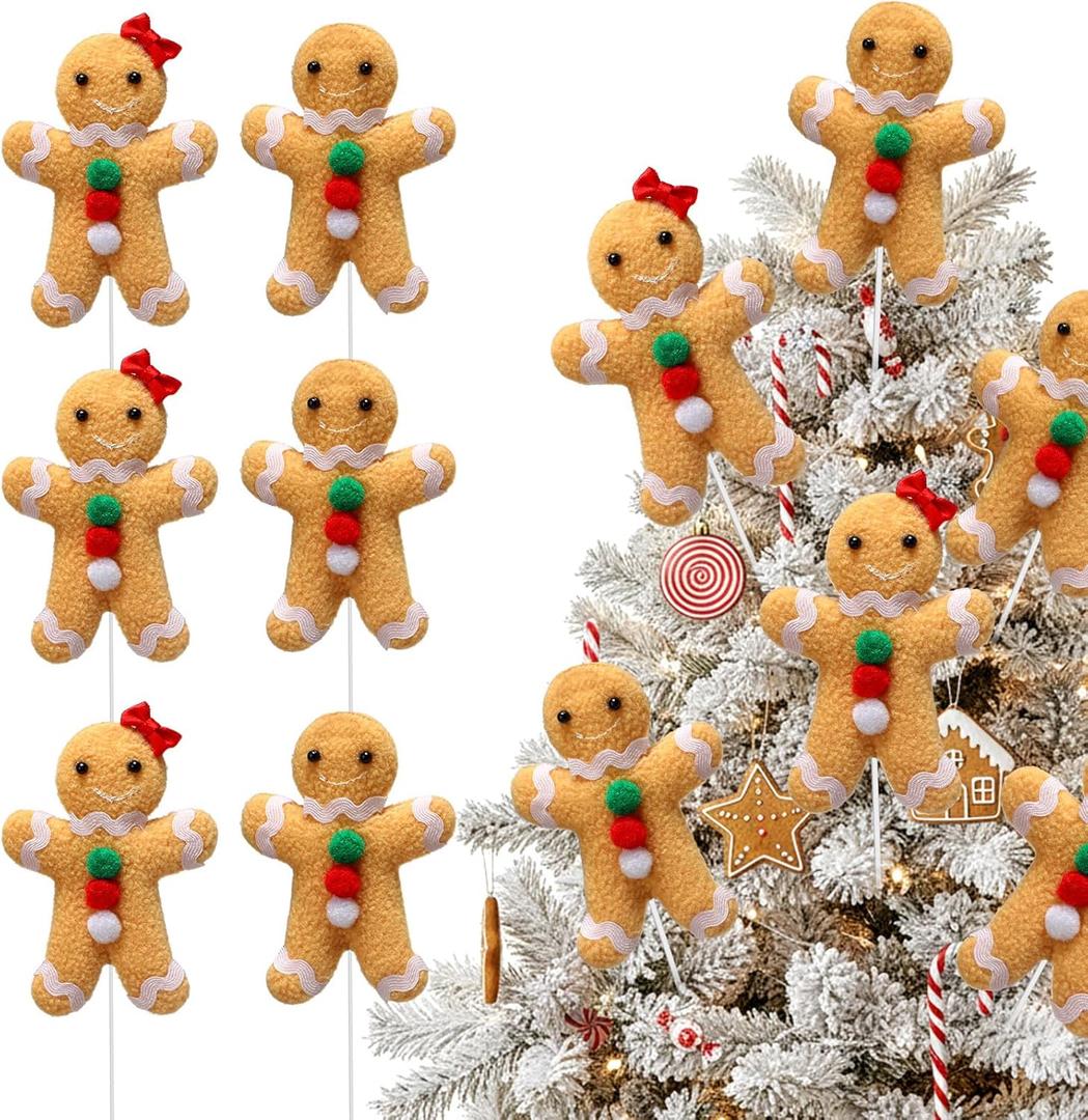 6 Pcs Gingerbread Man Christmas Tree Picks Ornaments Gingerbread Cookie Christmas Sticks Xmas Tree Decorations for Xmas Treetop Winter Home Office Party Vase Decor