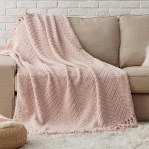 Bedsure Throw Blankets for Couch - Textured Knit Woven Chenille Blanket - Super Soft, Warm Decorative Boho Throw with Tassels for Bed, Sofa and Living Room, Pink, 50x60 Inches