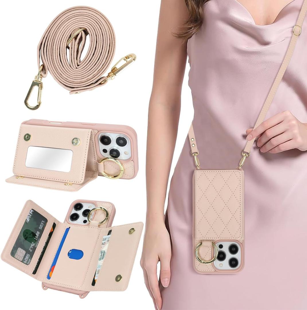 for iPhone 16 Pro Case with Card Holder and Strap for Women,Crossbody Lanyard, Make Up Mirror,Ring Stand,Snap Clasp,Cute Phone Wallet Cases 6.3 inch - Rose Gold