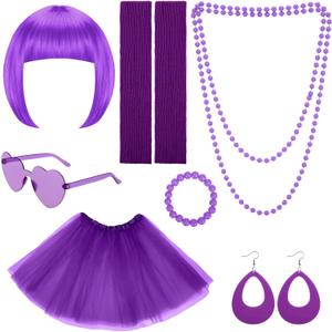 Colorful Short Bob Wigs Set with Party Neon Wig Tutu Skirt Leg Sleeve 80s Accessories for Bachelorette Party Costume