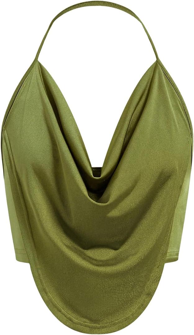 WDIRARA Women's Draped Cowl Neck Halter Top Sleeveless Asymmetrical Hem Cami Top Backless Camisole (Medium, Green)